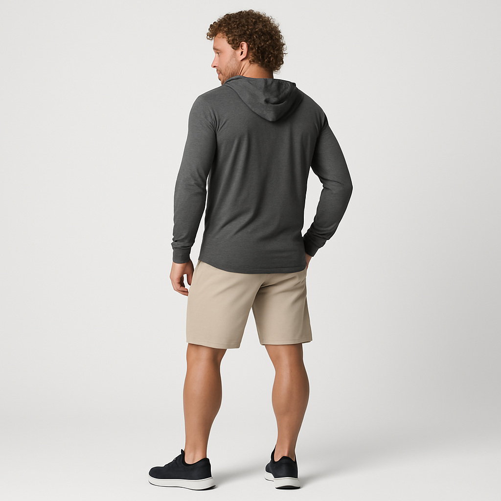 Athletic man in hooded long sleeve tee - back view
