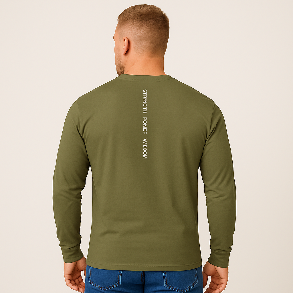 Model Back View - Olive Shirt with Strength Power Wisdom Logo