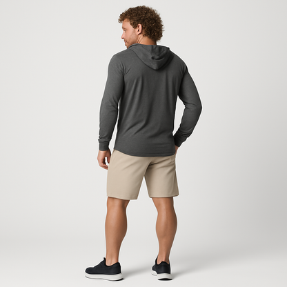 Athletic man in hooded long sleeve tee - back view
