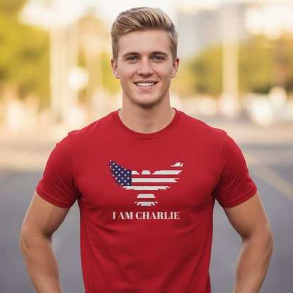 Generated image showing the complete red "I AM CHARLIE" t-shirt on a younger muscular blonde man